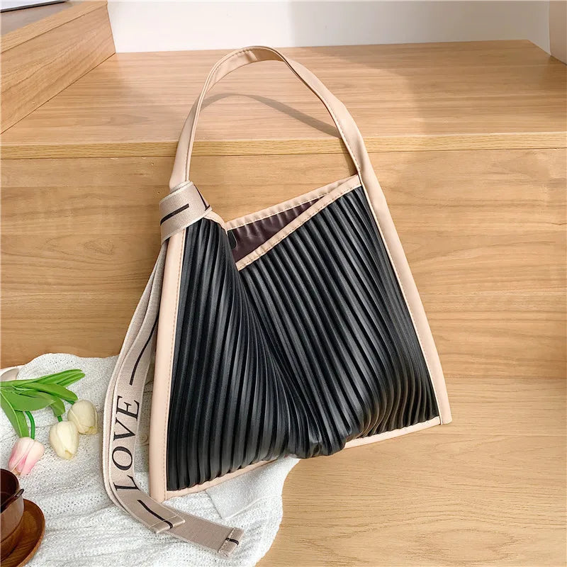 Pleated Shoulder Bag Ribbon Strap Tote Bag Large Capacity Shopper Bag