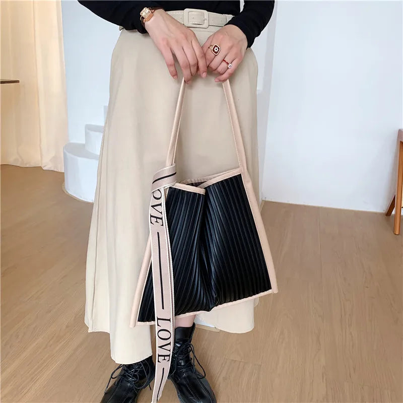 Pleated Shoulder Bag Ribbon Strap Tote Bag Large Capacity Shopper Bag
