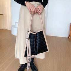 Pleated Shoulder Bag Ribbon Strap Tote Bag Large Capacity Shopper Bag