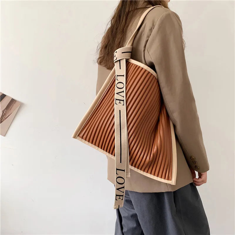 Pleated Shoulder Bag Ribbon Strap Tote Bag Large Capacity Shopper Bag