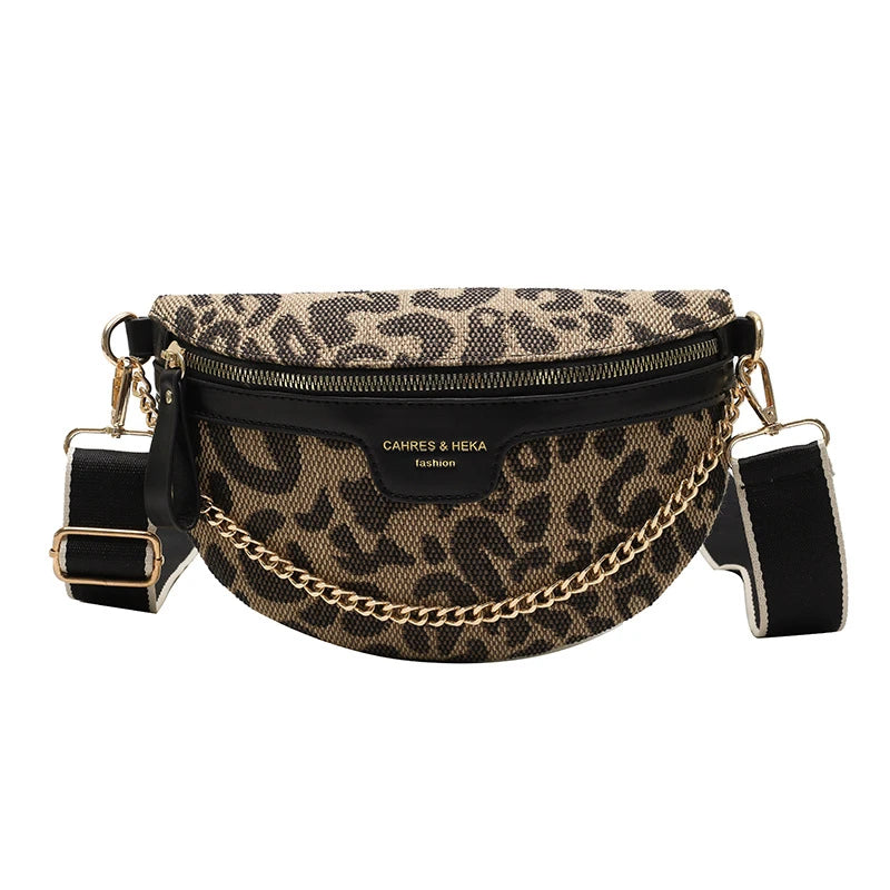 Leopard Women Waist Bag Female Phone Purses Ladies Chest Wide Strap Crossbody Sh