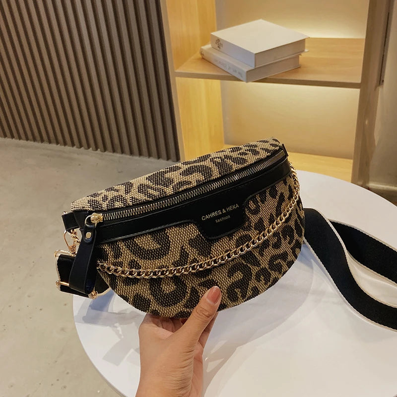 Leopard Women Waist Bag Female Phone Purses Ladies Chest Wide Strap Crossbody Sh