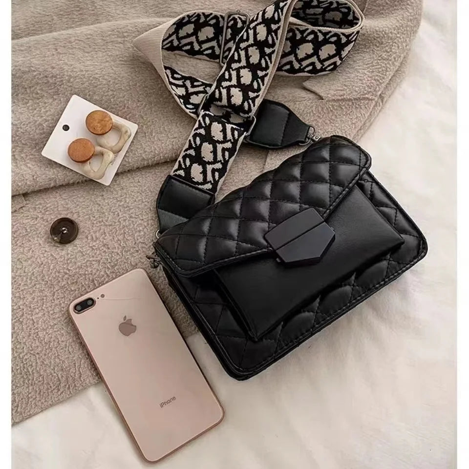 Women Bag Wide Shoulder Strap Bag Crossbody Bags Chain Rhombus PU Leather
