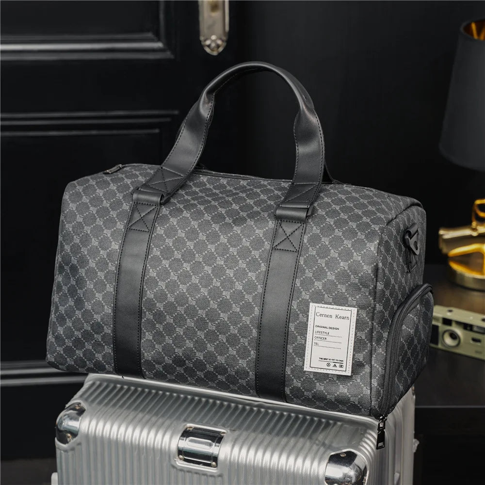 Plaid Leather Large Capacity Duffel Bag for Men