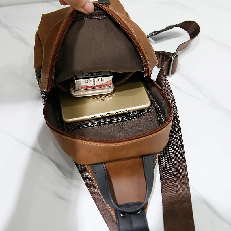 PU Leather Men's Crossbody Bag Single Shoulder Chest Sling Pack Bag