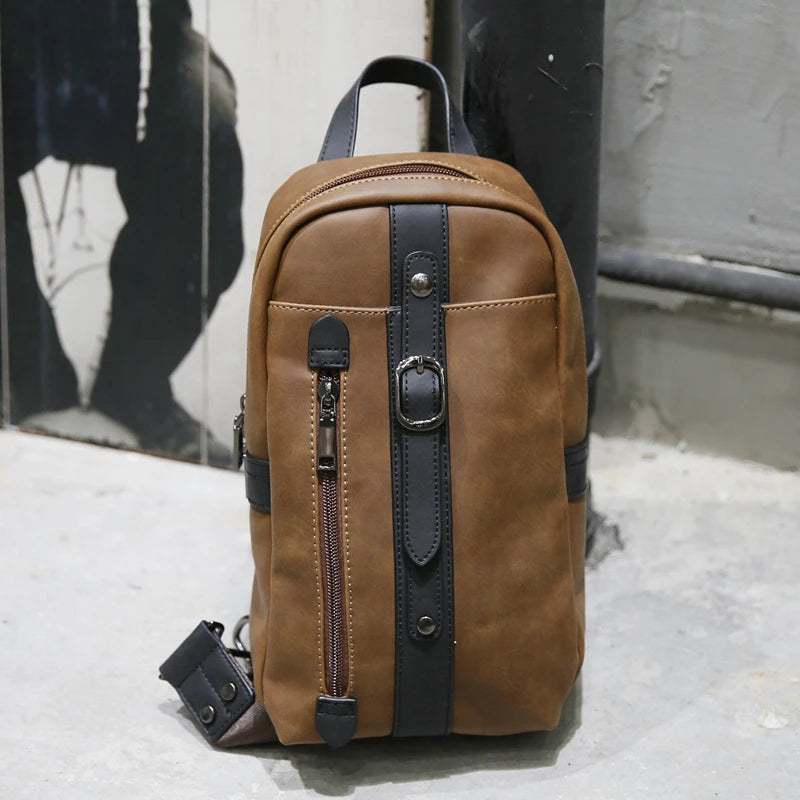 PU Leather Men's Crossbody Bag Single Shoulder Chest Sling Pack Bag