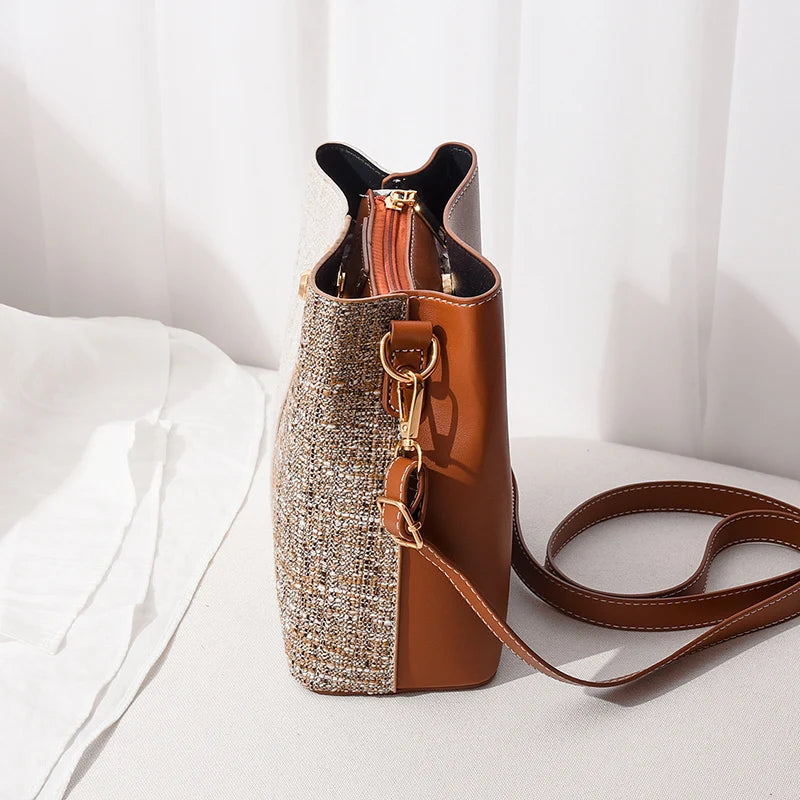 PU Leather Women Shoulder Bags Panelled Bucket Bag Ladies Handbag