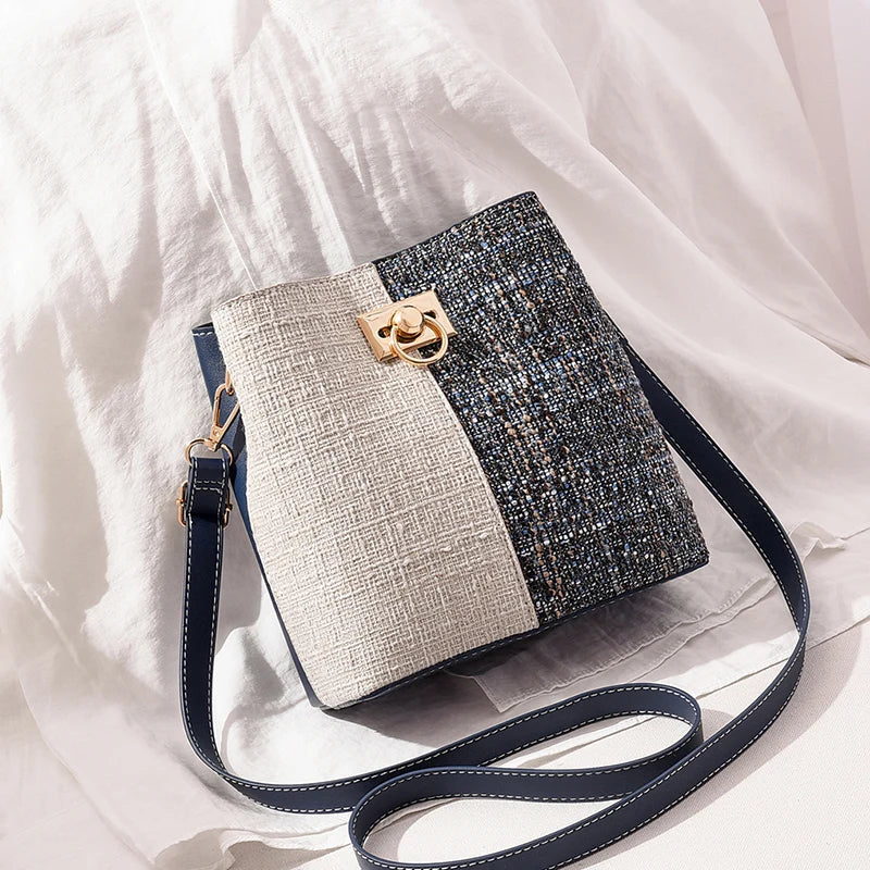 PU Leather Women Shoulder Bags Panelled Bucket Bag Ladies Handbag