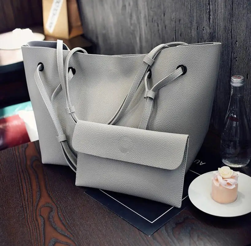 Women's Big Tote Handbag Set Of 2 - Pink/Grey/Brown