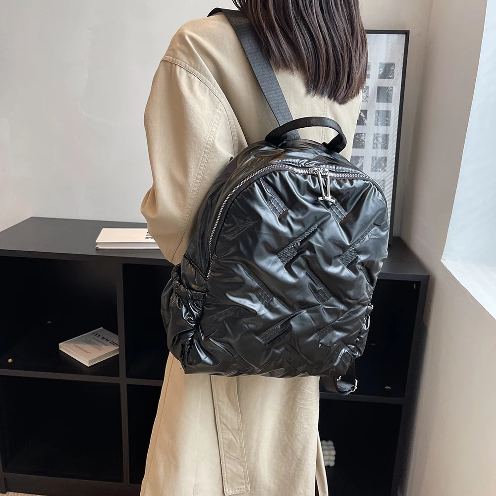 Quilted Women Backpack Autumn Winter Students School Bags Cotton Padded Female L