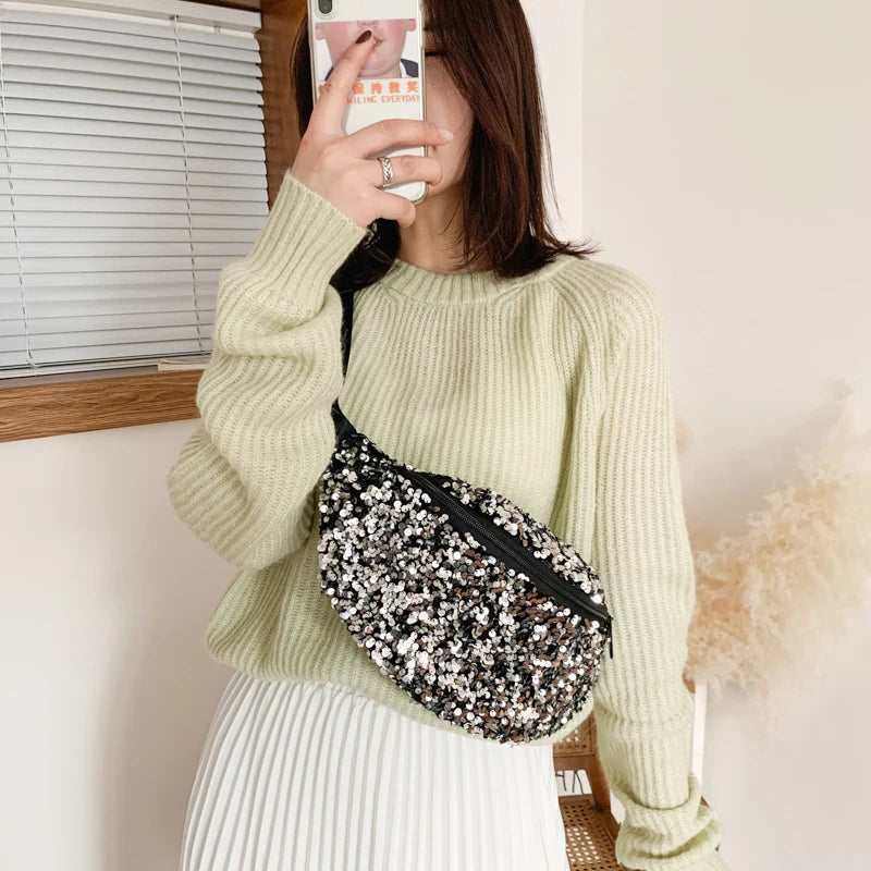 Sequins Women Fanny Packs Large Capacity Waist Bags Casual Purse Crossbody