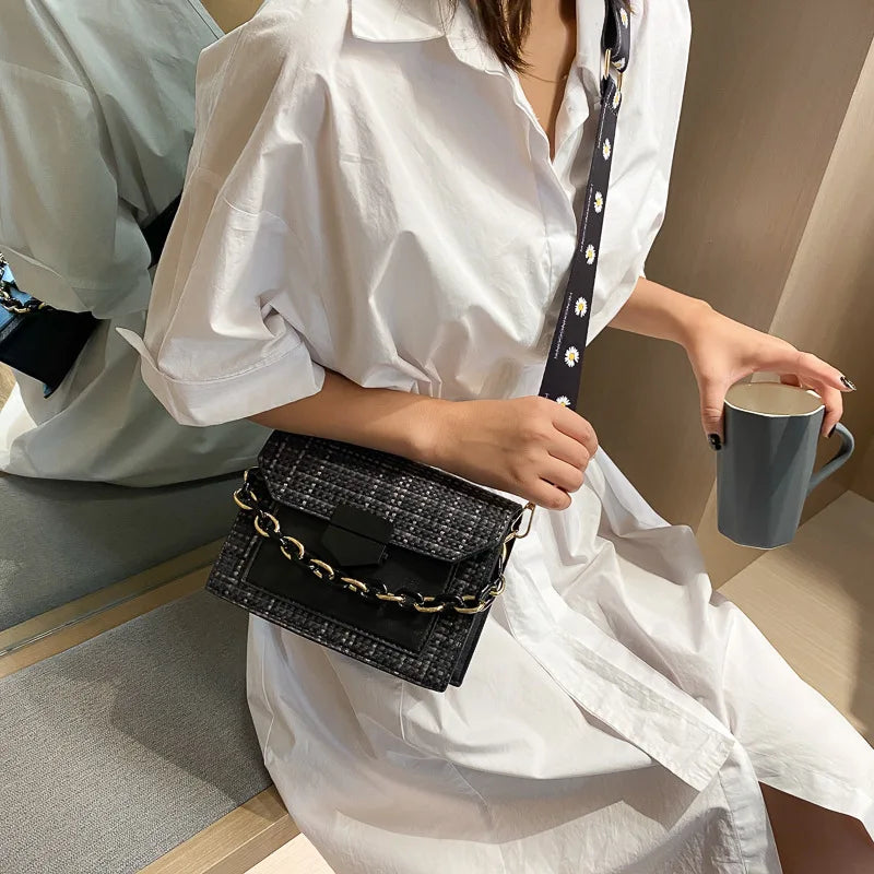 Small Square Bag Lady's Casual Handbag Chain Crossbody Wide Strap