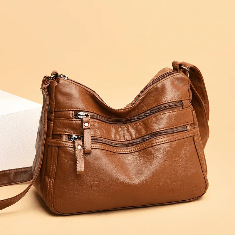 Soft Leather Multi-layer Messenger Bag for Women, Middle-aged Mother