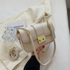 Stone Leather Chain Lock Shoulder Crossbody Bag Vintage Ladies Messenger Purse
