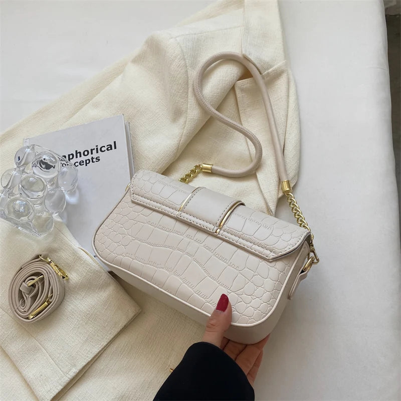 Stone Leather Chain Lock Shoulder Crossbody Bag Vintage Ladies Messenger Purse