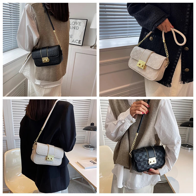 Stone Leather Chain Lock Shoulder Crossbody Bag Vintage Ladies Messenger Purse