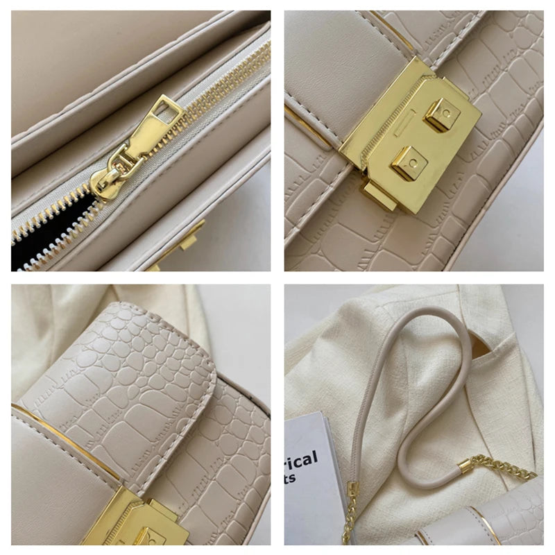 Stone Leather Chain Lock Shoulder Crossbody Bag Vintage Ladies Messenger Purse