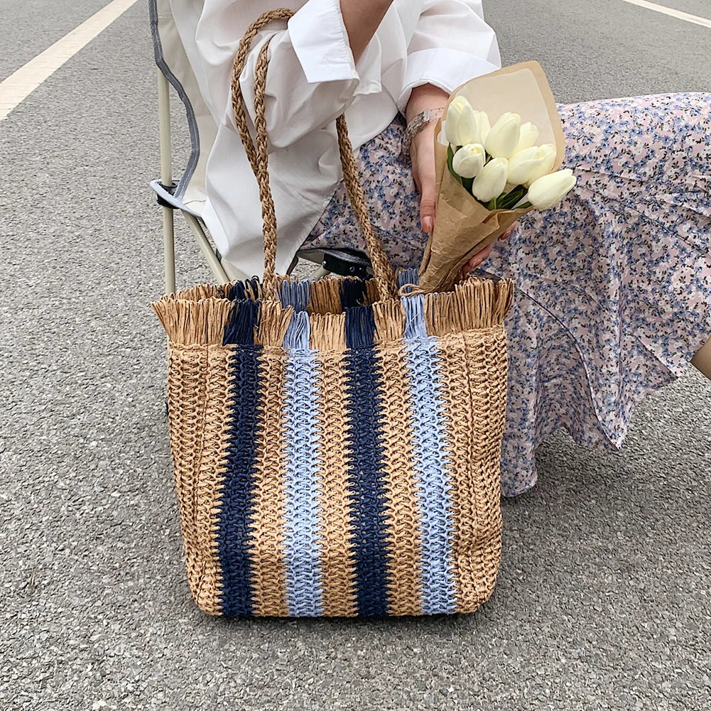Stripes Straw Shoulder Handbags Summer Beach Holiday Totes Bags