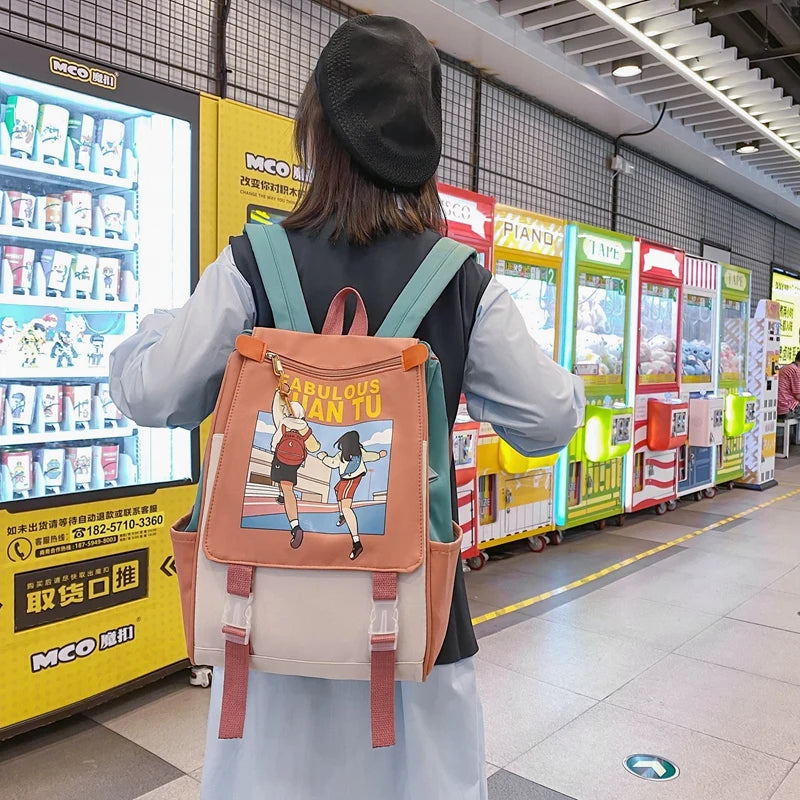 Teenage Girl Student Schoolbag Flip Women College Backpack Waterproof Book Bag