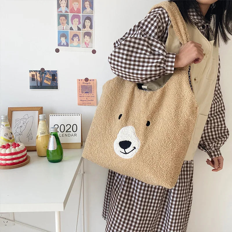 Soft Shopper Bags Lamb Wool Fabric Shoulder Bag Handbag Tote Large Capacity