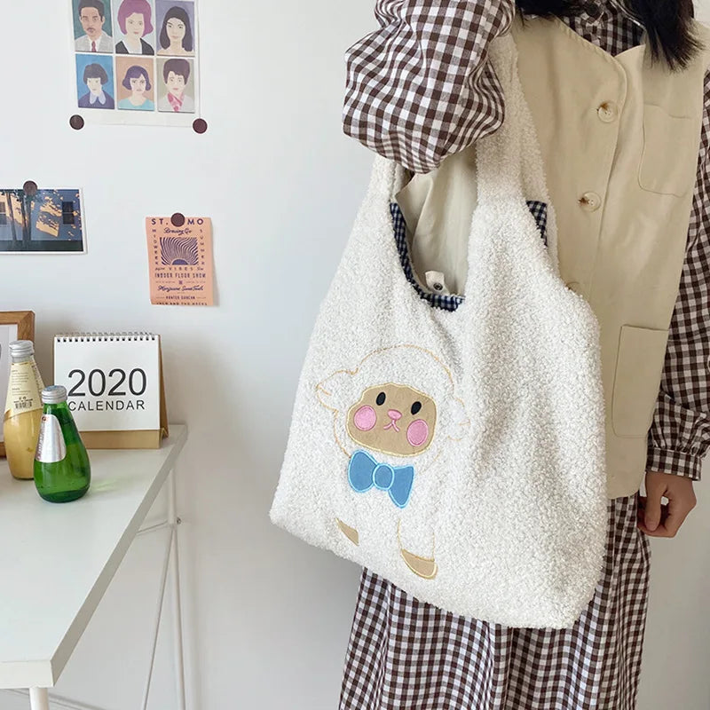 Soft Shopper Bags Lamb Wool Fabric Shoulder Bag Handbag Tote Large Capacity