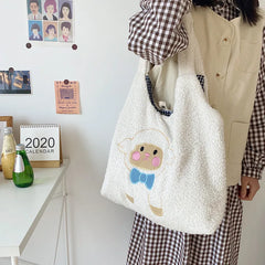 Soft Shopper Bags Lamb Wool Fabric Shoulder Bag Handbag Tote Large Capacity