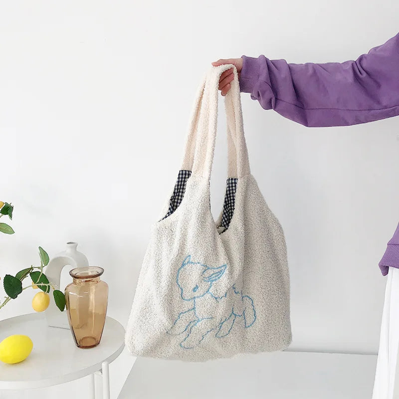 Soft Shopper Bags Lamb Wool Fabric Shoulder Bag Handbag Tote Large Capacity
