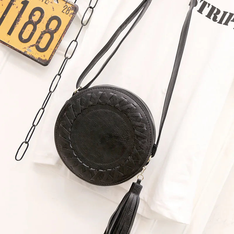 Women Bag Tassel Round Weave Cross Body Shoulder Bag Ladies Pu Leather Handbag