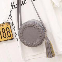 Women Bag Tassel Round Weave Cross Body Shoulder Bag Ladies Pu Leather Handbag