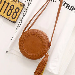 Women Bag Tassel Round Weave Cross Body Shoulder Bag Ladies Pu Leather Handbag