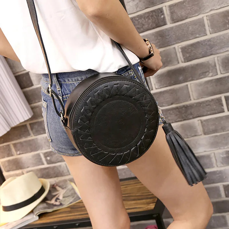 Women Bag Tassel Round Weave Cross Body Shoulder Bag Ladies Pu Leather Handbag