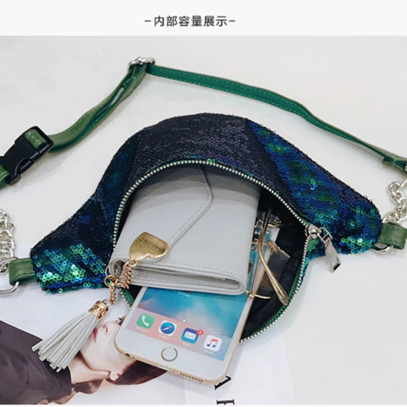 Women Glitter Sequin Fanny Pack Waist Bag Chest Pouch