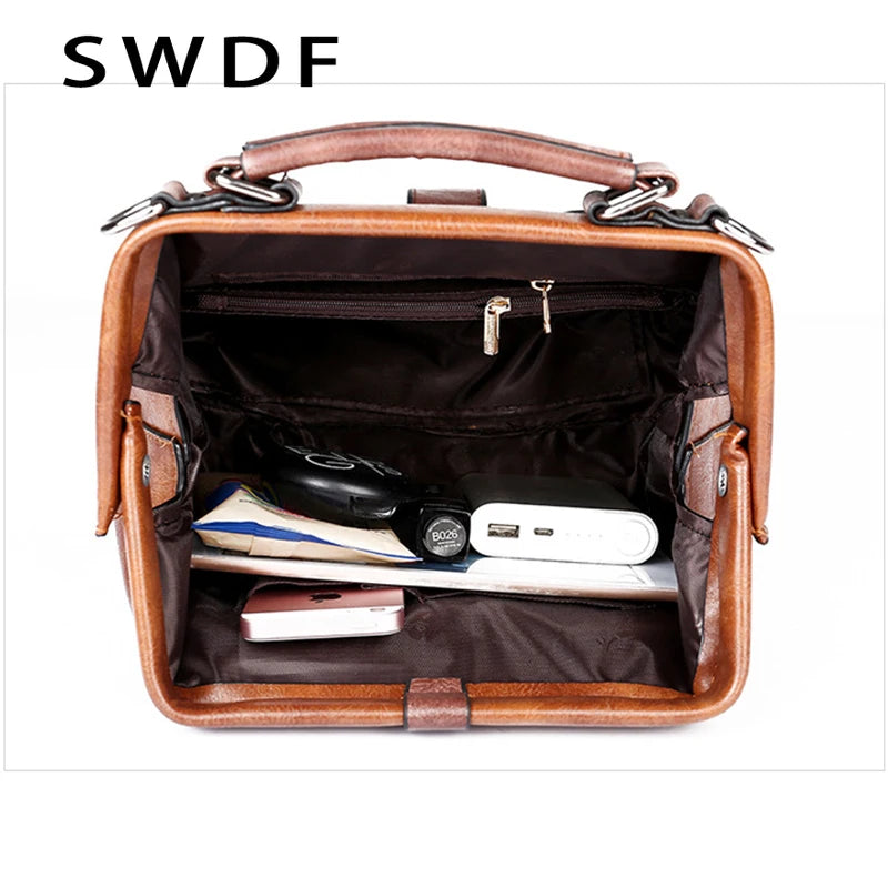Women Lock Chain Rivets Vintage Pu Leather Shoulder Bag Ladies Doctor Bags