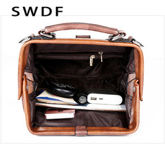 Women Lock Chain Rivets Vintage Pu Leather Shoulder Bag Ladies Doctor Bags