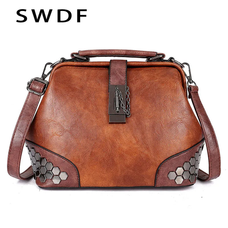 Women Lock Chain Rivets Vintage Pu Leather Shoulder Bag Ladies Doctor Bags