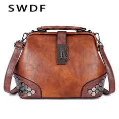 Women Lock Chain Rivets Vintage Pu Leather Shoulder Bag Ladies Doctor Bags