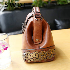 Women Lock Chain Rivets Vintage Pu Leather Shoulder Bag Ladies Doctor Bags