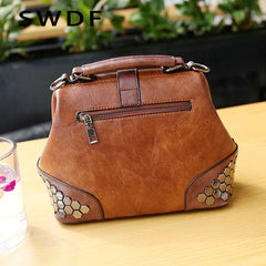 Women Lock Chain Rivets Vintage Pu Leather Shoulder Bag Ladies Doctor Bags