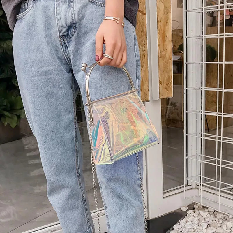 Women Messenger Bag PU Leather Transparent Satchel Metal Chain Handbag