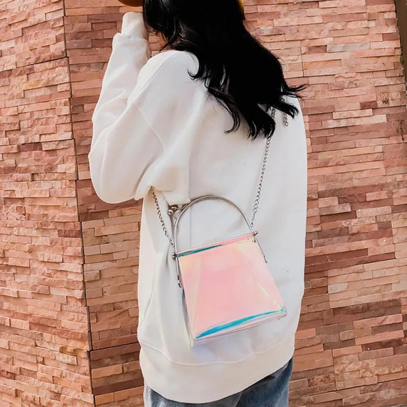 Women Messenger Bag PU Leather Transparent Satchel Metal Chain Handbag
