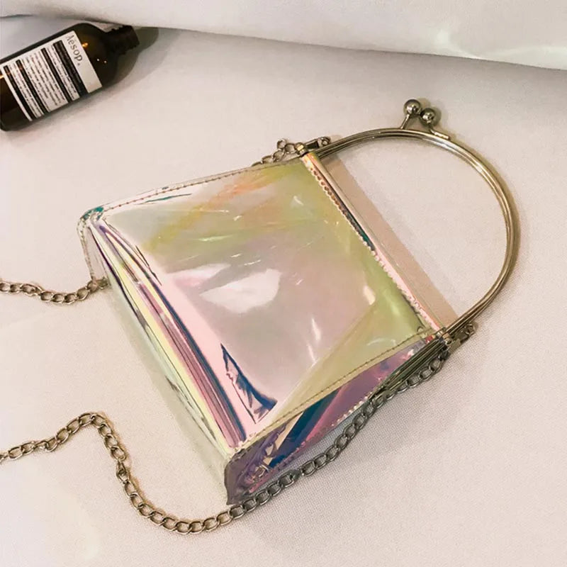 Women Messenger Bag PU Leather Transparent Satchel Metal Chain Handbag
