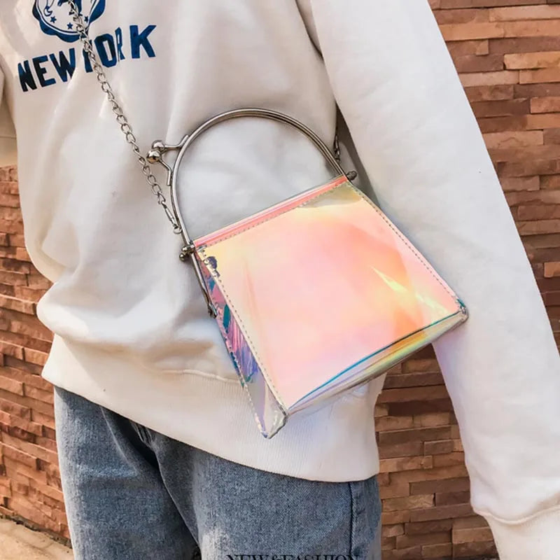 Women Messenger Bag PU Leather Transparent Satchel Metal Chain Handbag