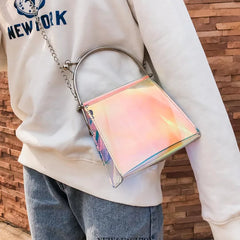 Women Messenger Bag PU Leather Transparent Satchel Metal Chain Handbag