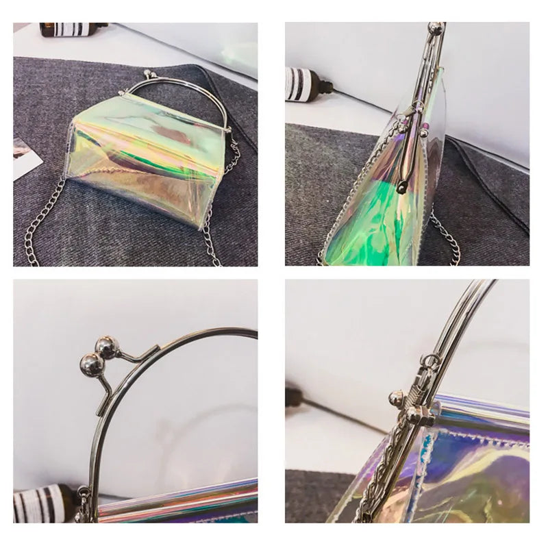 Women Messenger Bag PU Leather Transparent Satchel Metal Chain Handbag
