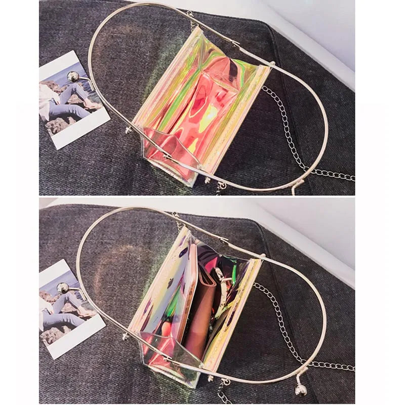 Women Messenger Bag PU Leather Transparent Satchel Metal Chain Handbag