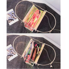 Women Messenger Bag PU Leather Transparent Satchel Metal Chain Handbag