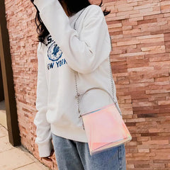 Women Messenger Bag PU Leather Transparent Satchel Metal Chain Handbag