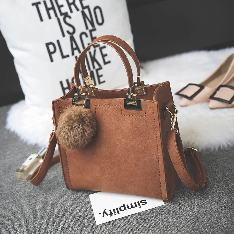 Women PU Leather Shoulder Bag Female Flap Handbag Messenger Bags with Hair Ball