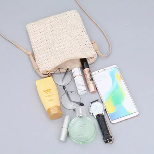 Women Straw Bag Rattan Woven Tote Purse Crossbody Messenger Bag Plait