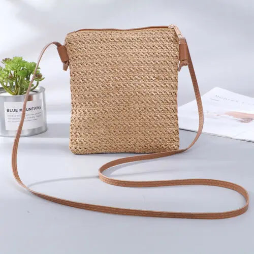 Women Straw Bag Rattan Woven Tote Purse Crossbody Messenger Bag Plait
